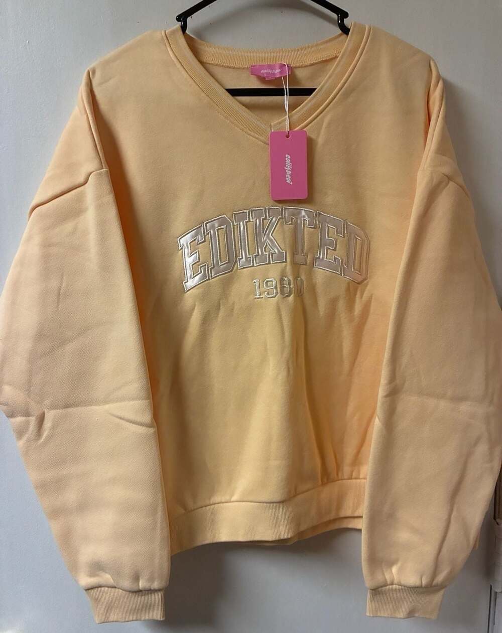 Edikted '1980' Embroidered V-Neck Fleece Sweatshirt - Picture 2 of 7